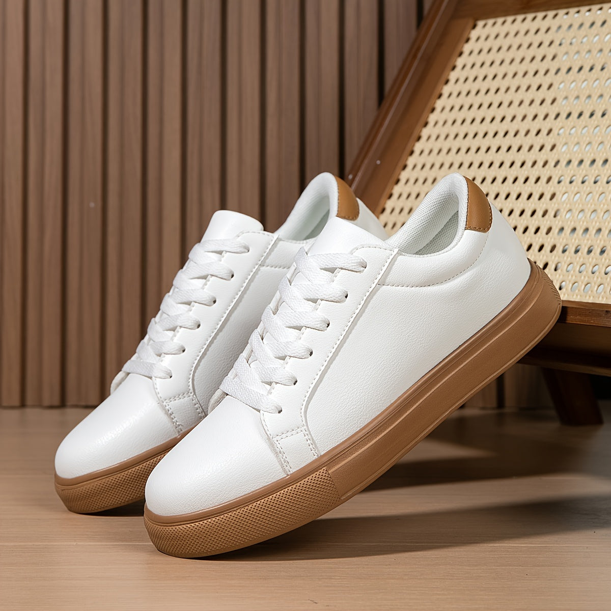 Baskets homme à lacets blanches - Blanc et Marron
