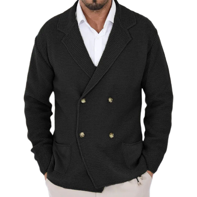 Cardigan Homme à Col Revers – Pull Fitté à Boutonnage Double en Maille Légère - Noir