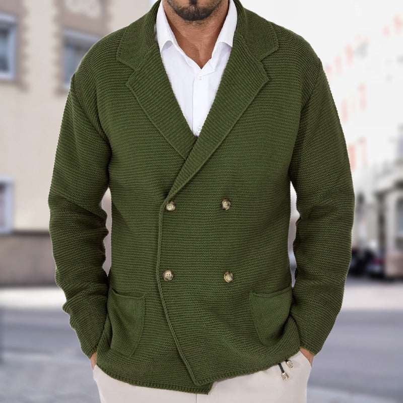 Cardigan Homme à Col Revers – Pull Fitté à Boutonnage Double en Maille Légère - Vert armée