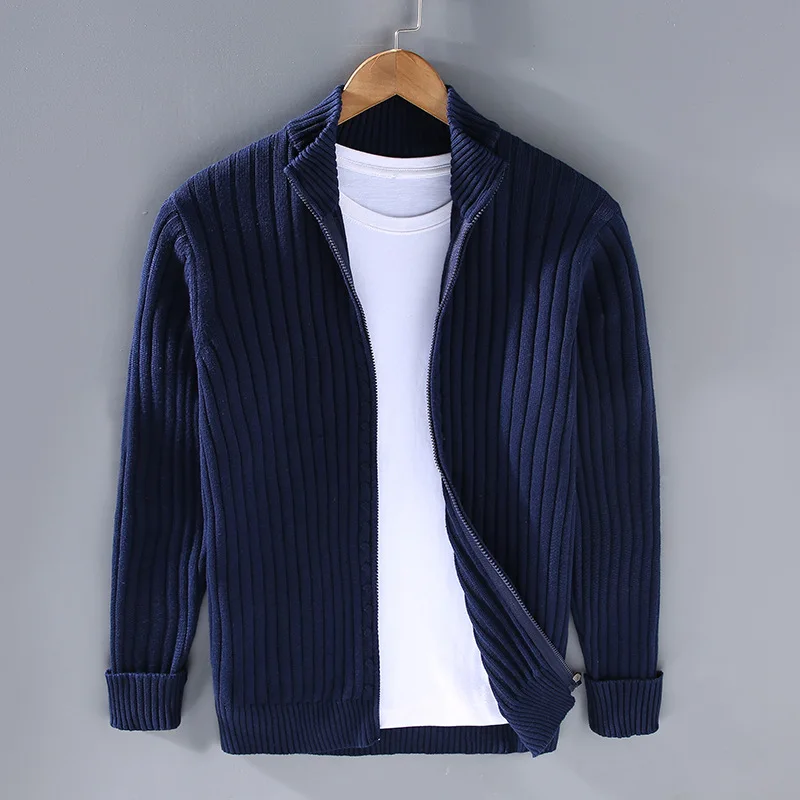 Cardigan Homme à Maille Côtelée Zippé – Pull Classique avec Fermeture Éclair - Bleu