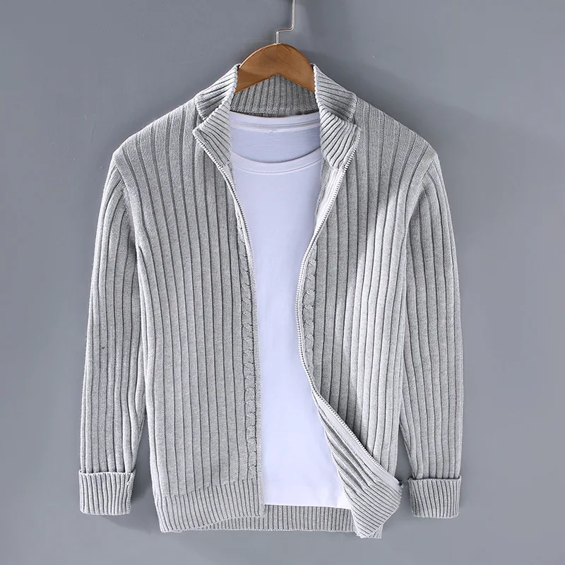 Cardigan Homme à Maille Côtelée Zippé – Pull Classique avec Fermeture Éclair - Gris clair