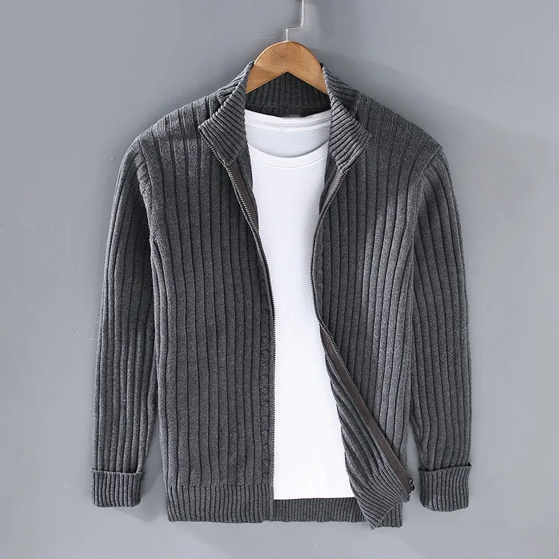 Cardigan Homme à Maille Côtelée Zippé – Pull Classique avec Fermeture Éclair - Gris foncé