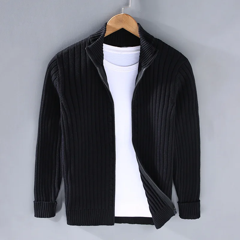 Cardigan Homme à Maille Côtelée Zippé – Pull Classique avec Fermeture Éclair - Noir