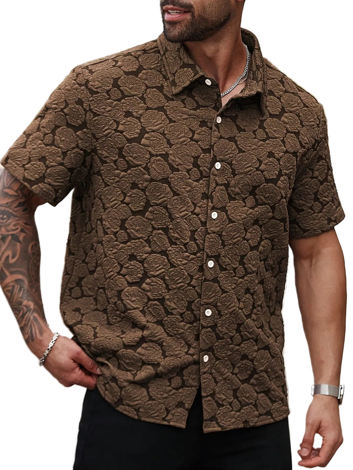 Chemise à Manches Courtes Fleurie Texturée pour Hommes - Marron