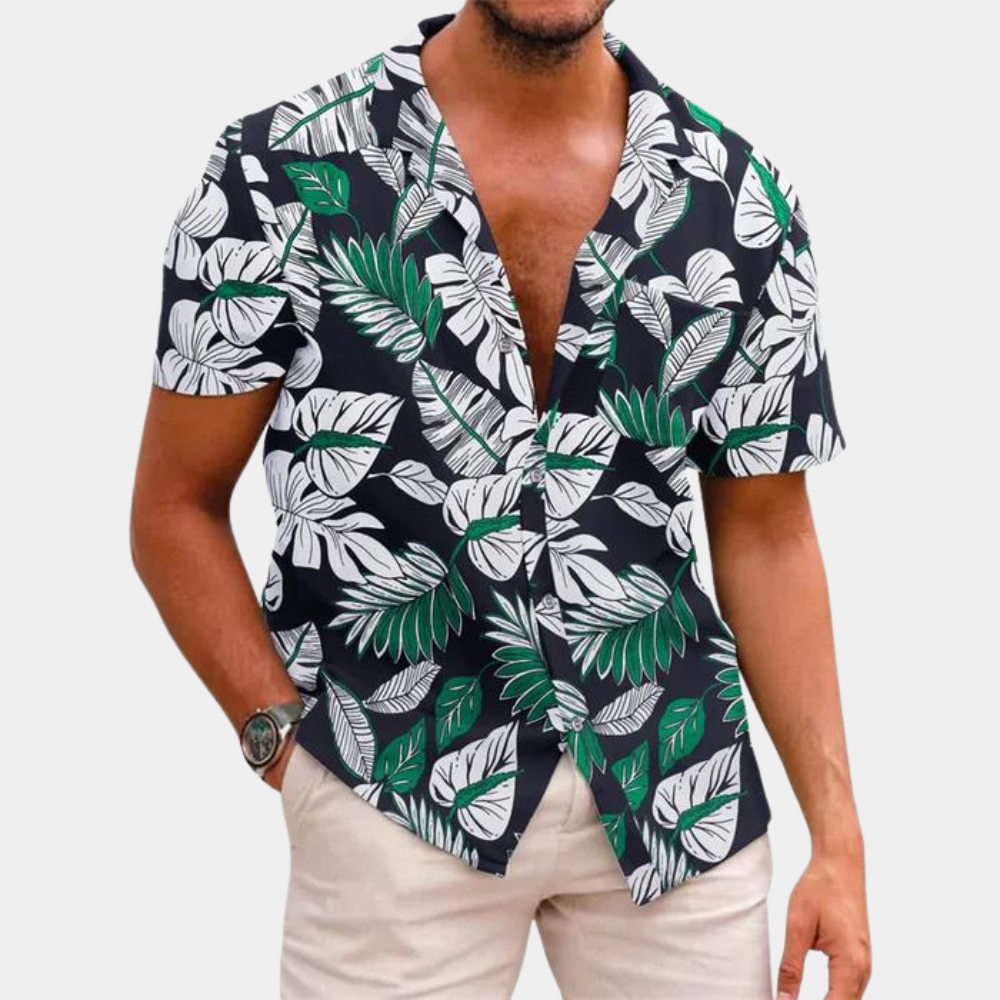 Chemise à Manches Courtes pour Homme – Légère & Fleurie - Feuilles noires