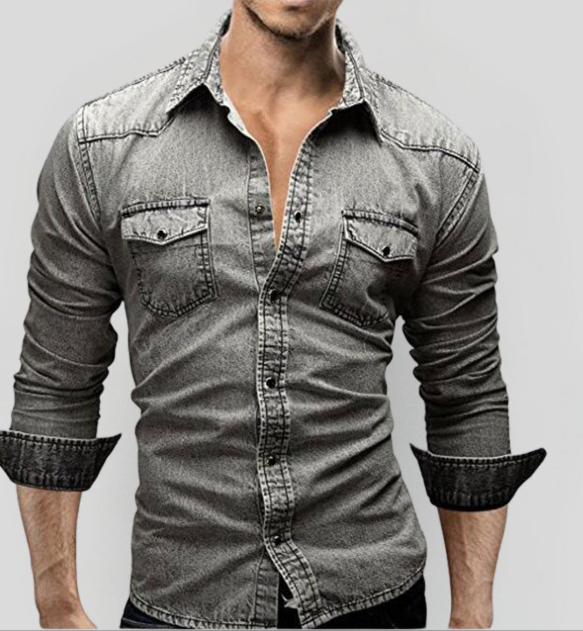 Chemise ajustée légère en jean à boutons homme – Style classique au quotidien - Gris