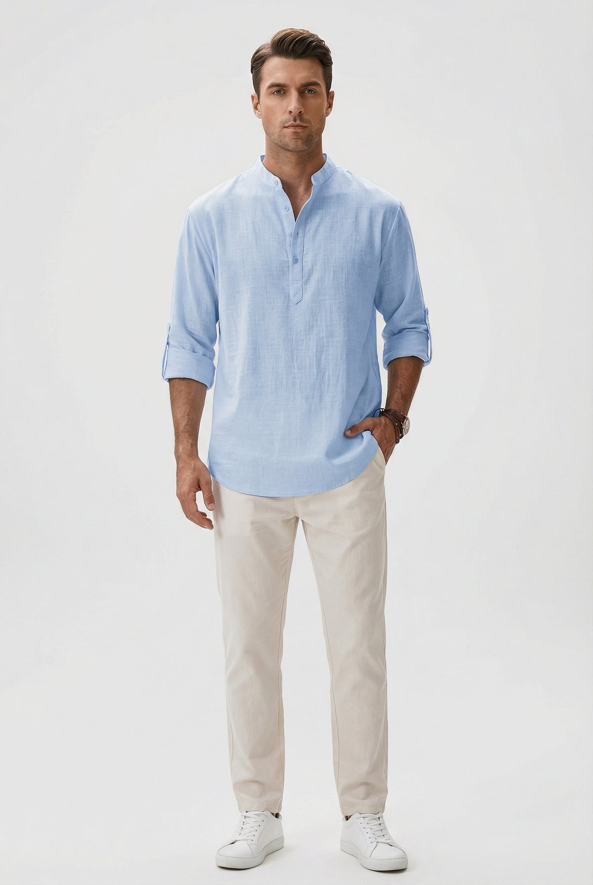 Chemise d’Été Homme en Lin – Manches Relevées Respirante - Bleu clair
