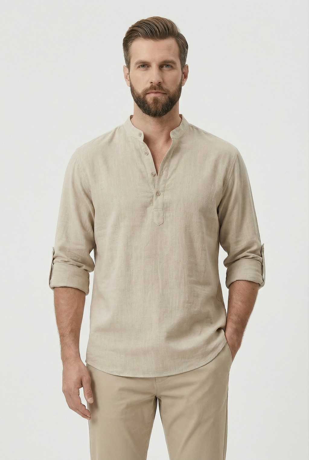 Chemise d’Été Homme en Lin – Manches Relevées Respirante - Kaki