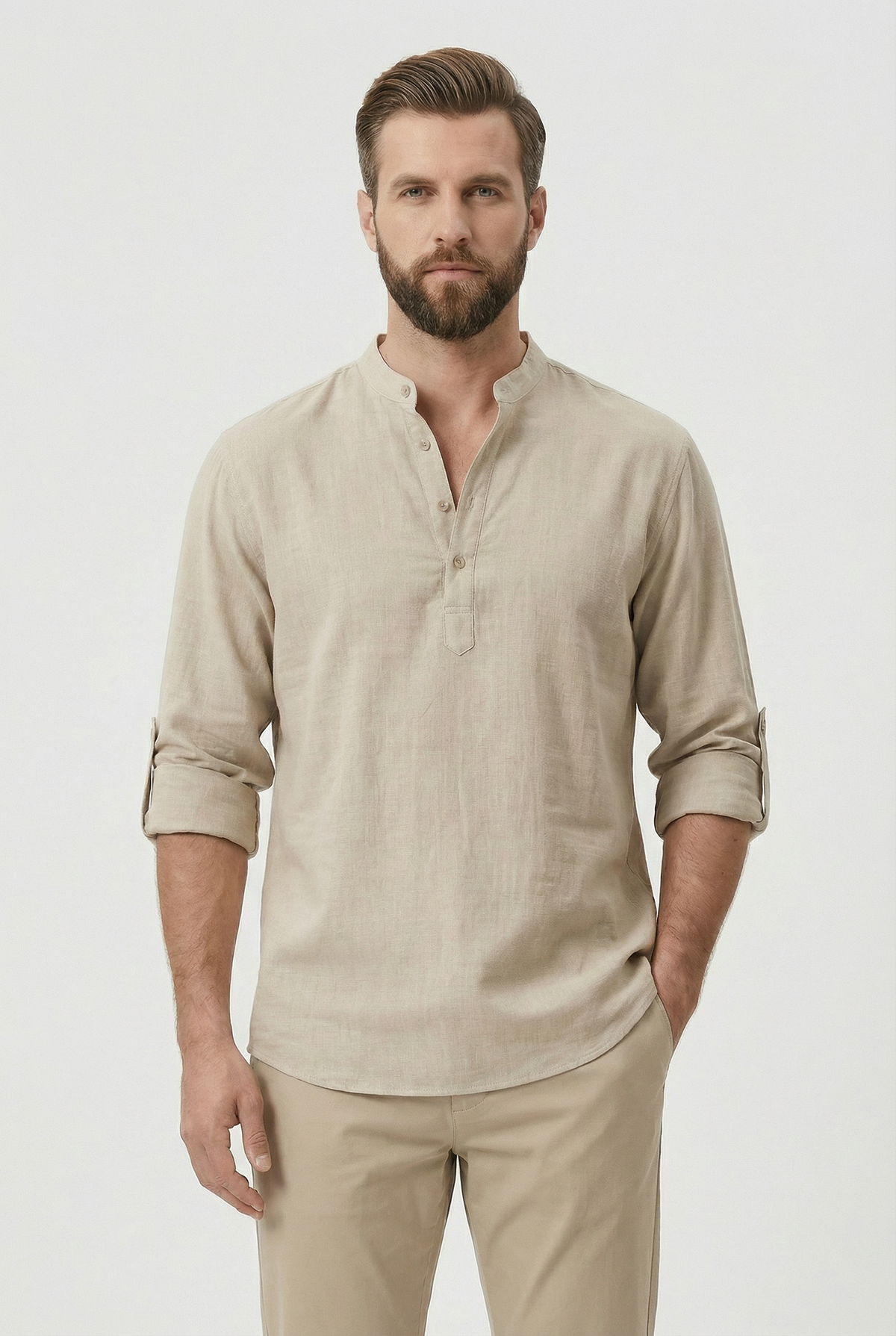 Chemise d’Été Homme en Lin – Manches Relevées Respirante - Kaki