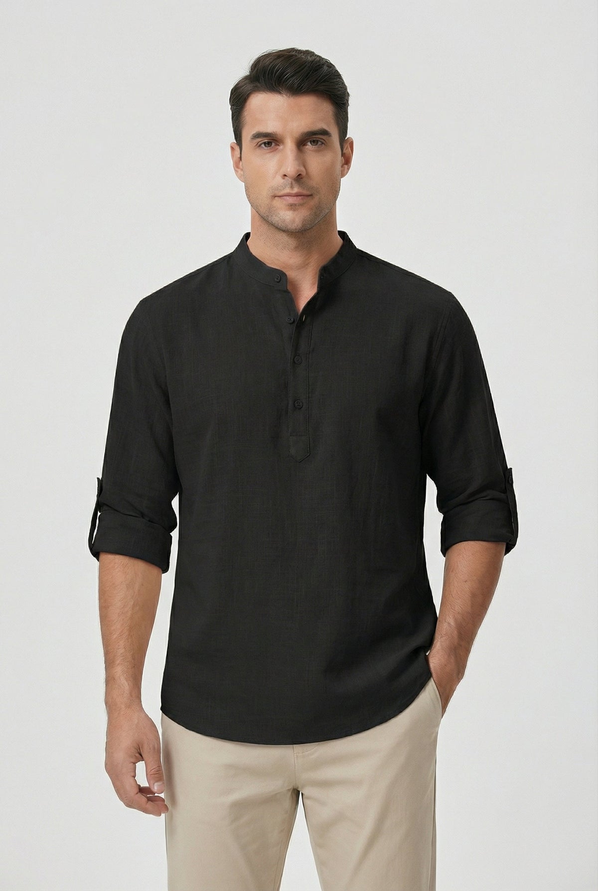 Chemise d’Été Homme en Lin – Manches Relevées Respirante - Noir
