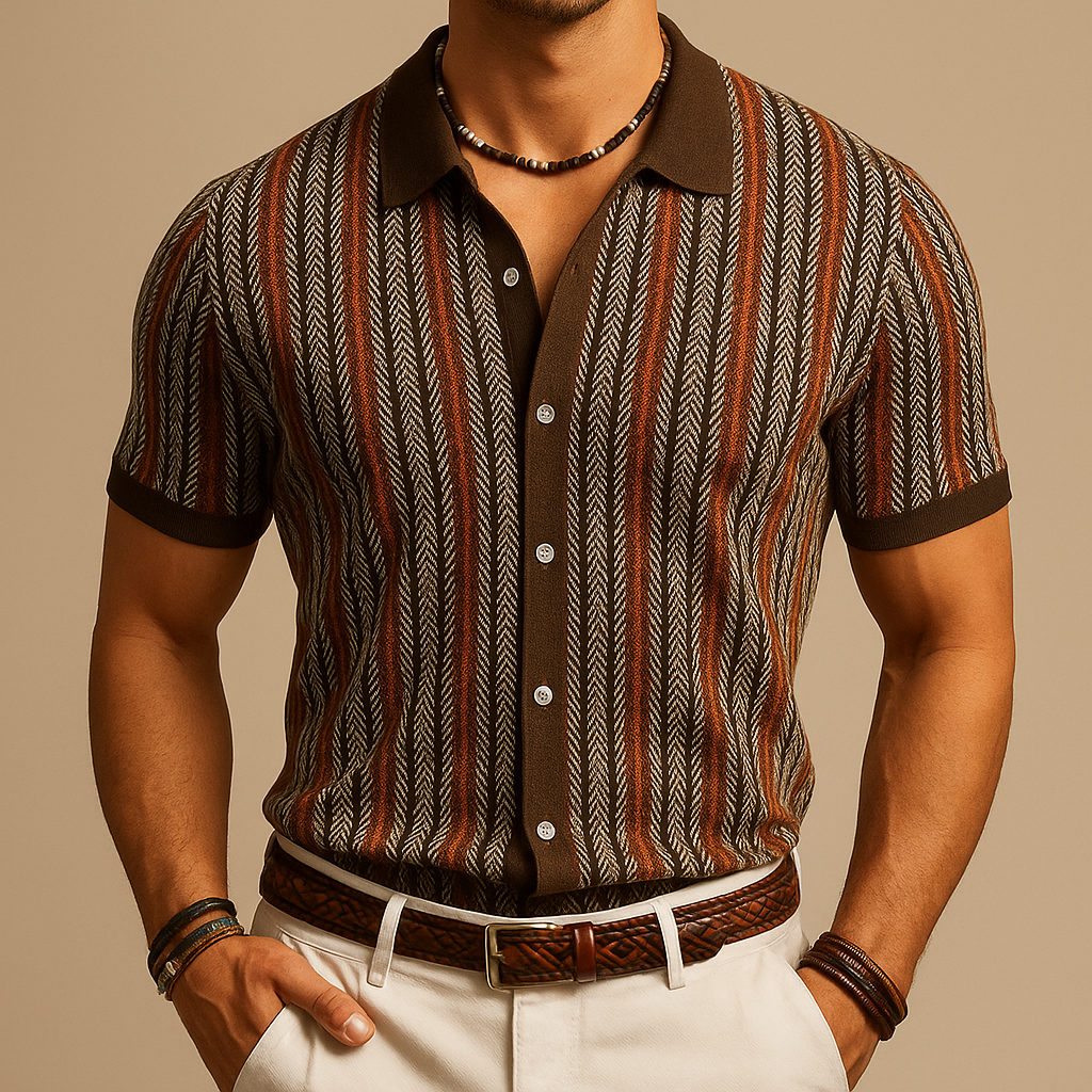 Chemise en Coton Biologique – Chemise Boutonnée Motif Chevrons Moderne - Brun