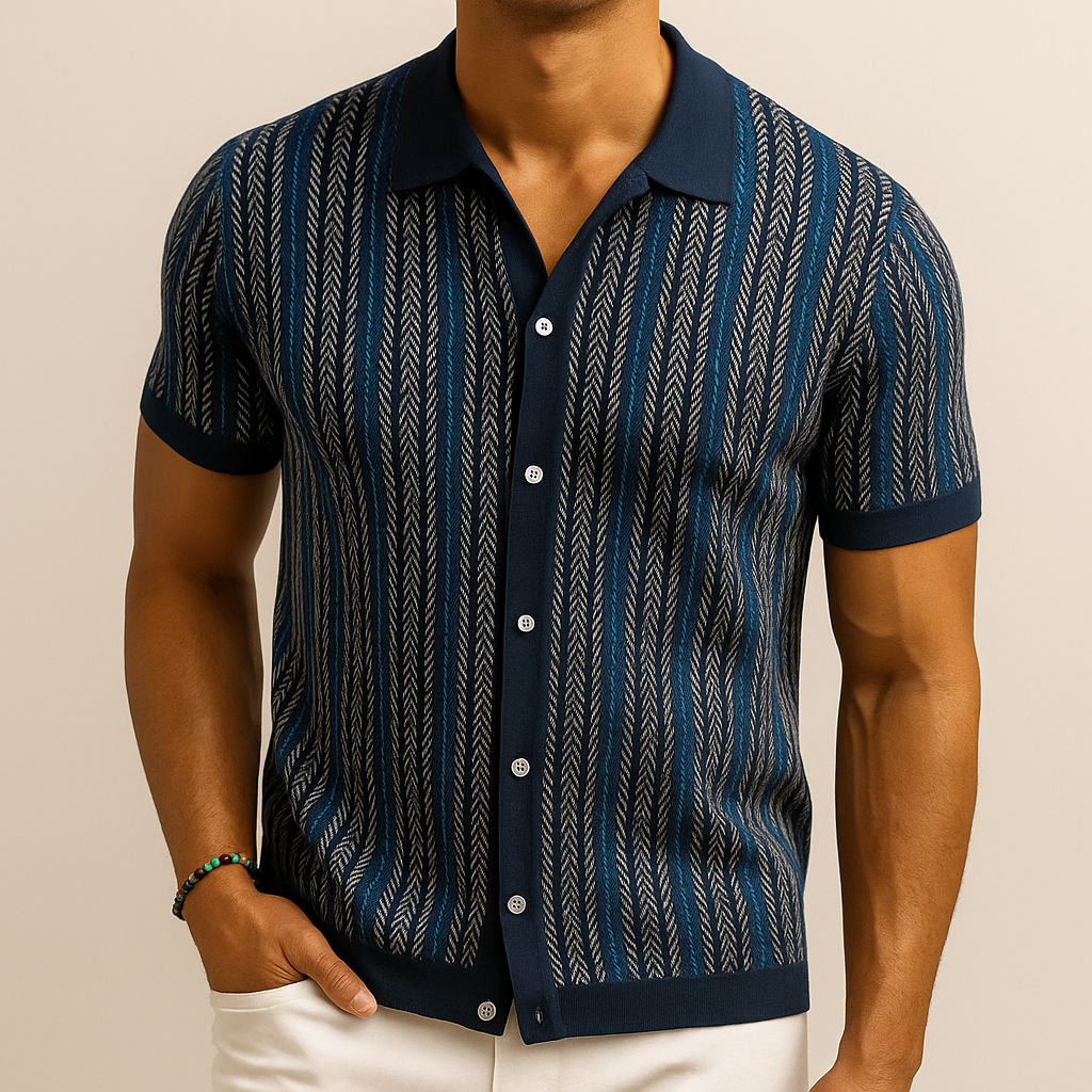 Chemise en Coton Biologique – Chemise Boutonnée Motif Chevrons Moderne - Marin