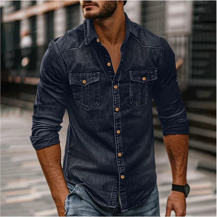 Chemise en Denim Homme Slim Moderne – Style Rugueux Élégant - Bleu foncé