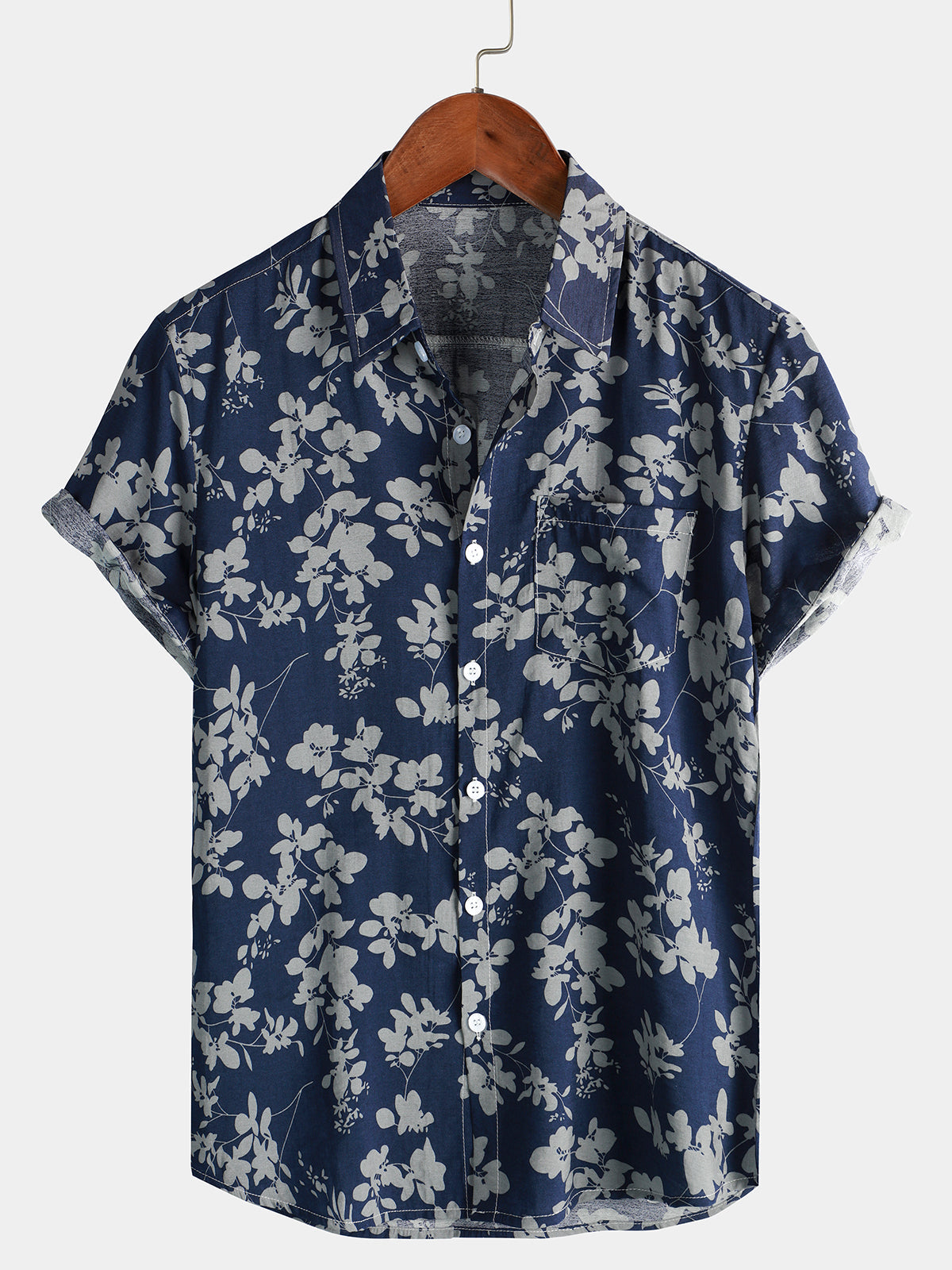 Chemise hawaïenne en coton pour homme à manches courtes - Bleu foncé
