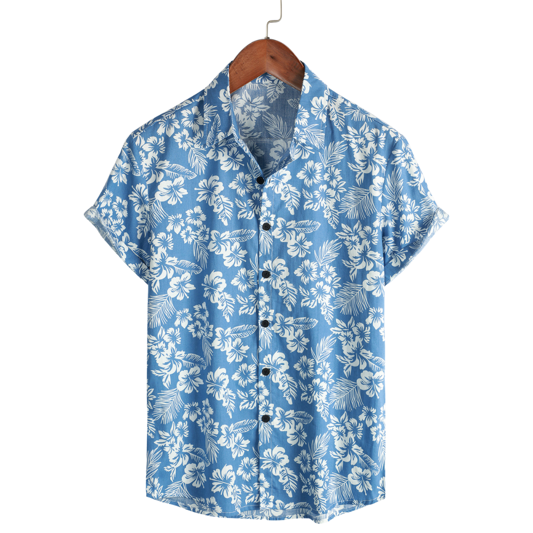 Chemise hawaïenne pour homme à manches courtes et motif fleuri - Bleu