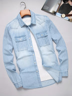 Chemise homme boutonnée à poches - Bleu Clair Délavé