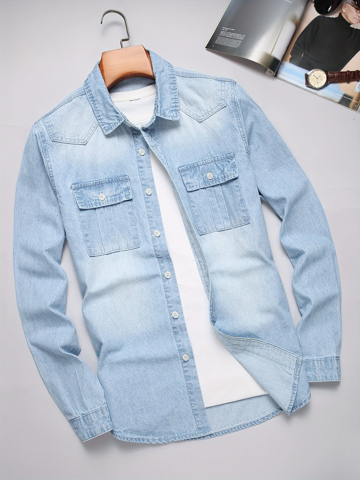 Chemise homme boutonnée à poches - Bleu Clair Délavé