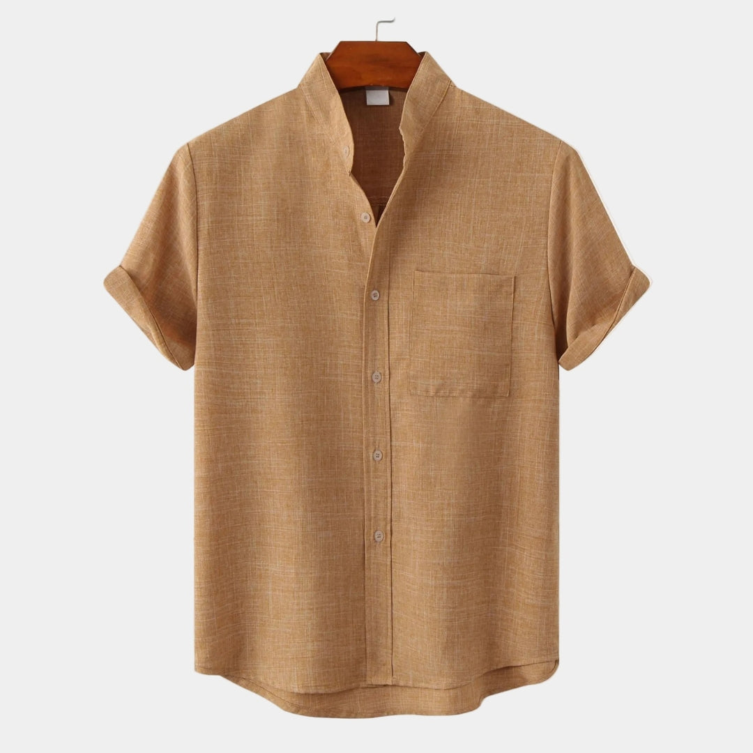 Chemise homme col mao manches courtes - Marron