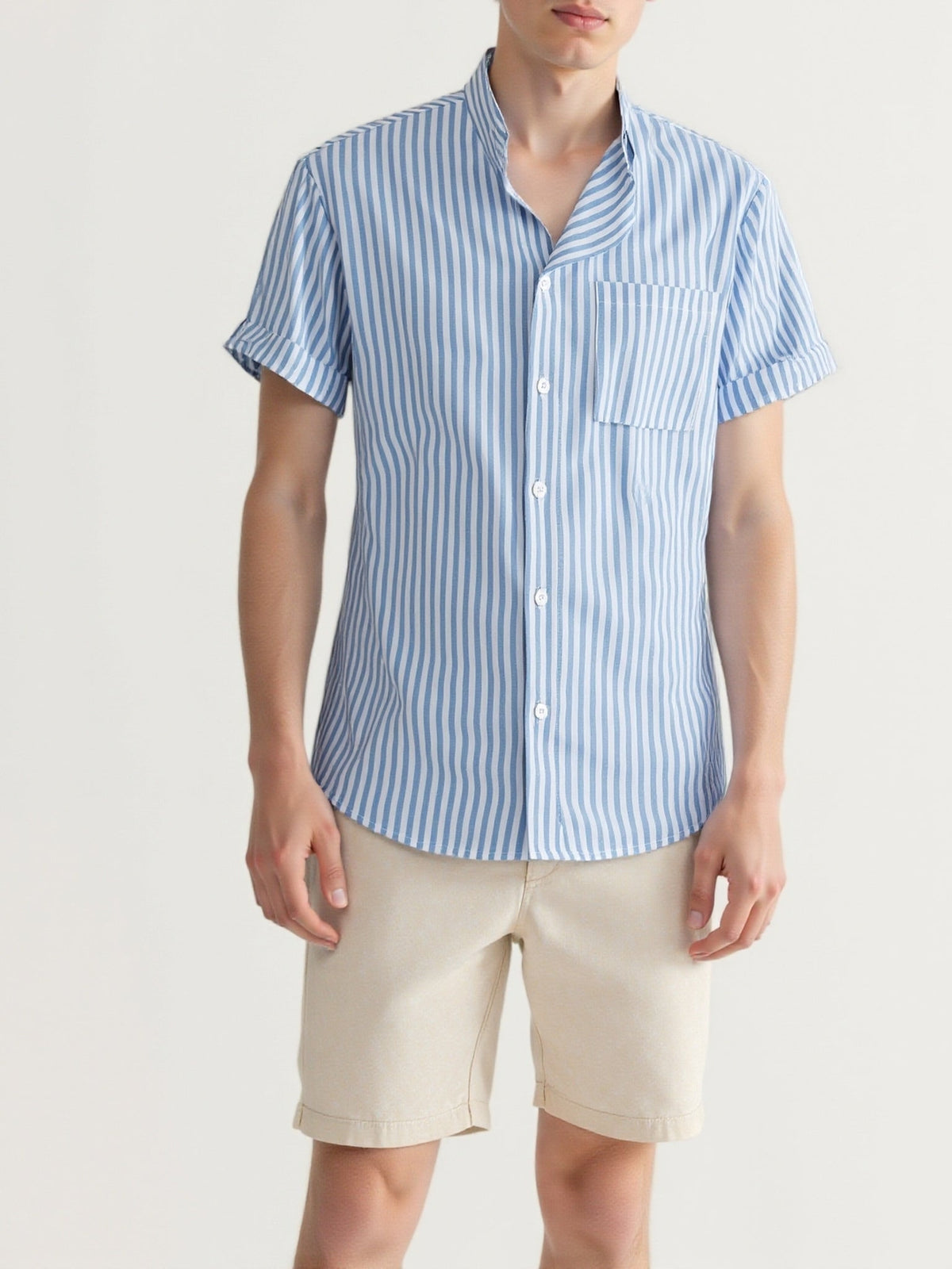 Chemise homme col mao rayée - Bleu