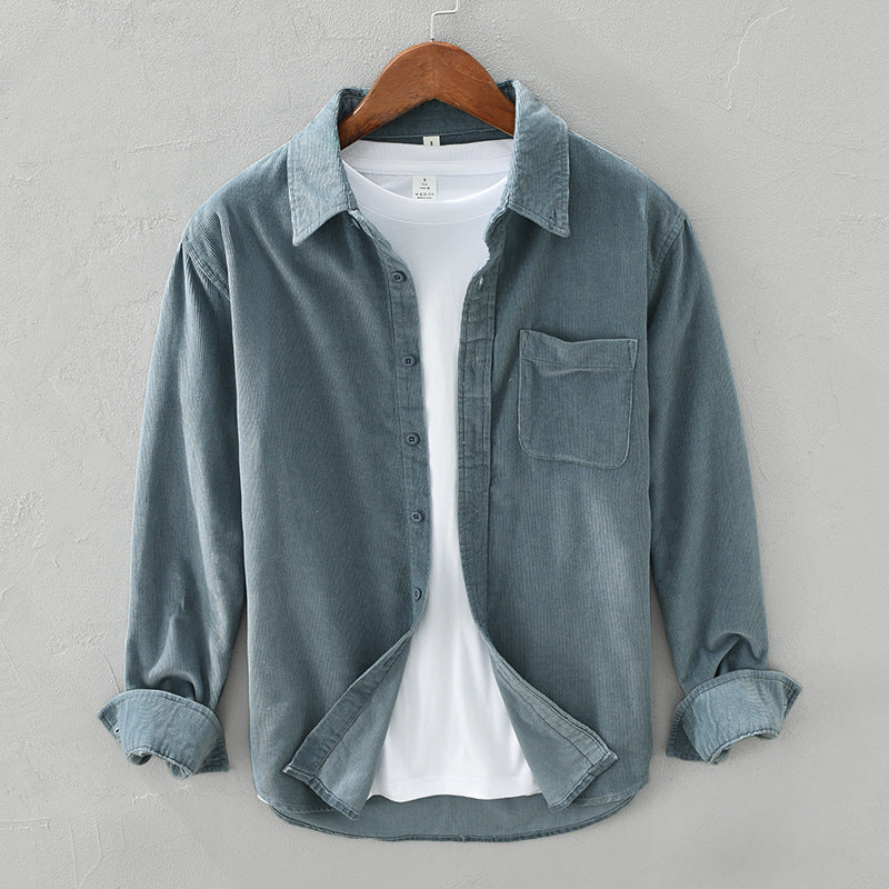 Chemise Homme Élégante Rétro en Velours Côtelé à Boutons – Tenue Décontractée - Bleu clair
