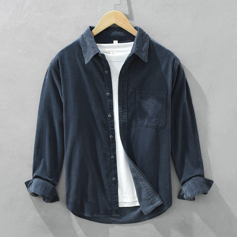 Chemise Homme Élégante Rétro en Velours Côtelé à Boutons – Tenue Décontractée - Bleu foncé