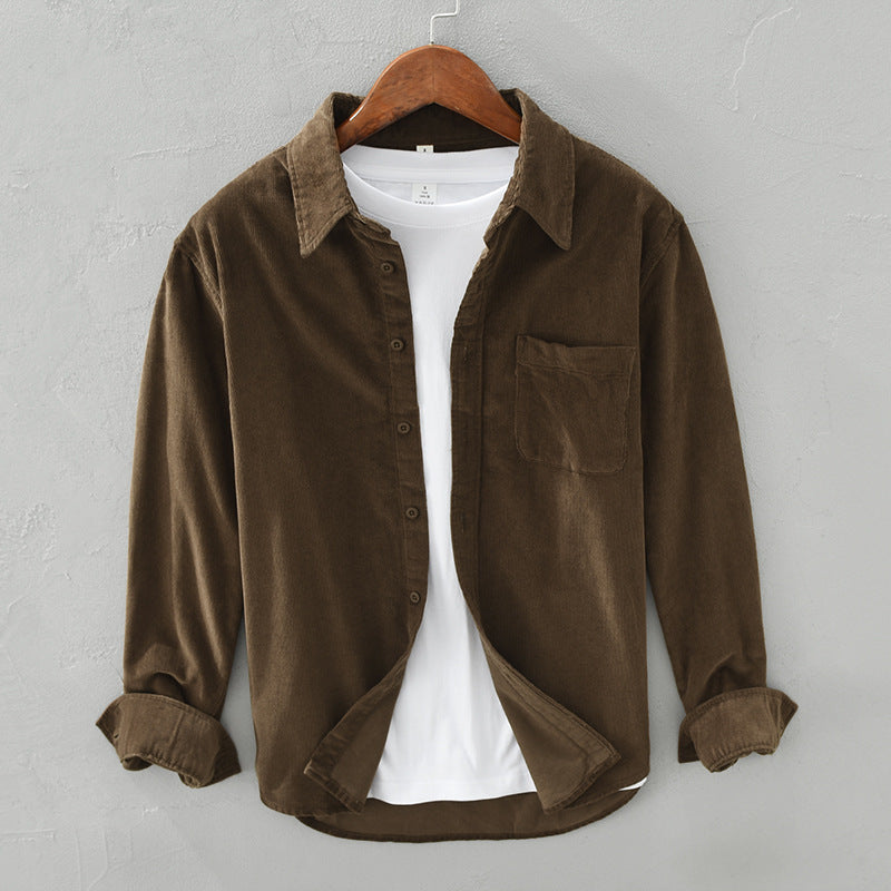 Chemise Homme Élégante Rétro en Velours Côtelé à Boutons – Tenue Décontractée - Brun