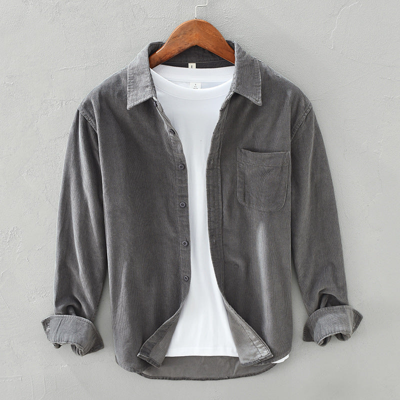 Chemise Homme Élégante Rétro en Velours Côtelé à Boutons – Tenue Décontractée - Gris