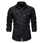 Chemise Homme en Jean Coupe Slim – Manches Longues Style Classique en Mélange de Coton - Noir