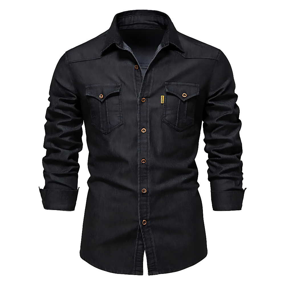 Chemise Homme en Jean Coupe Slim – Manches Longues Style Classique en Mélange de Coton - Noir