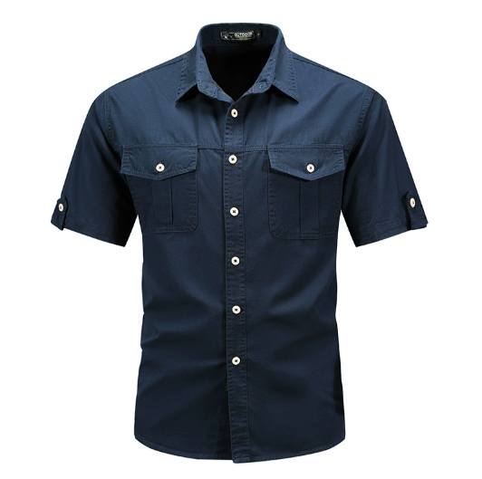Chemise homme manches courtes coton – Style militaire décontracté - Bleu foncé