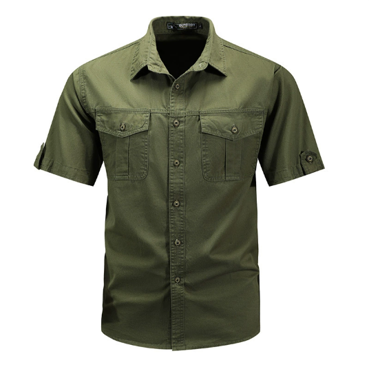 Chemise homme manches courtes coton – Style militaire décontracté - Vert armée