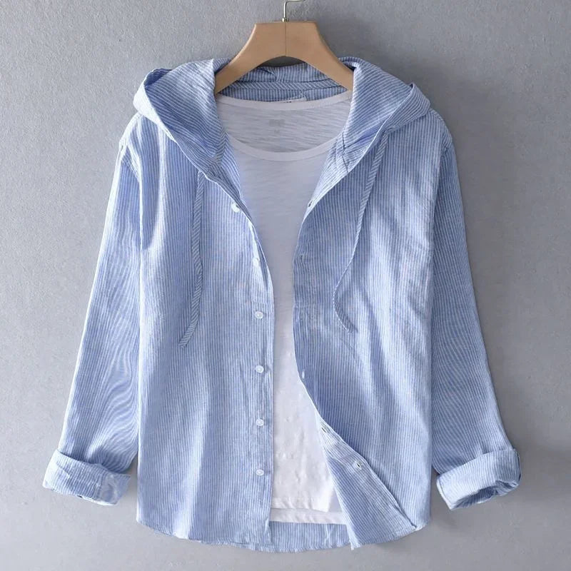 Chemise homme rayée à capuche - Bleu