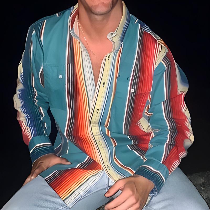 Chemise Homme Rayures Bloc - Manche Longue Décontractée - Bleu
