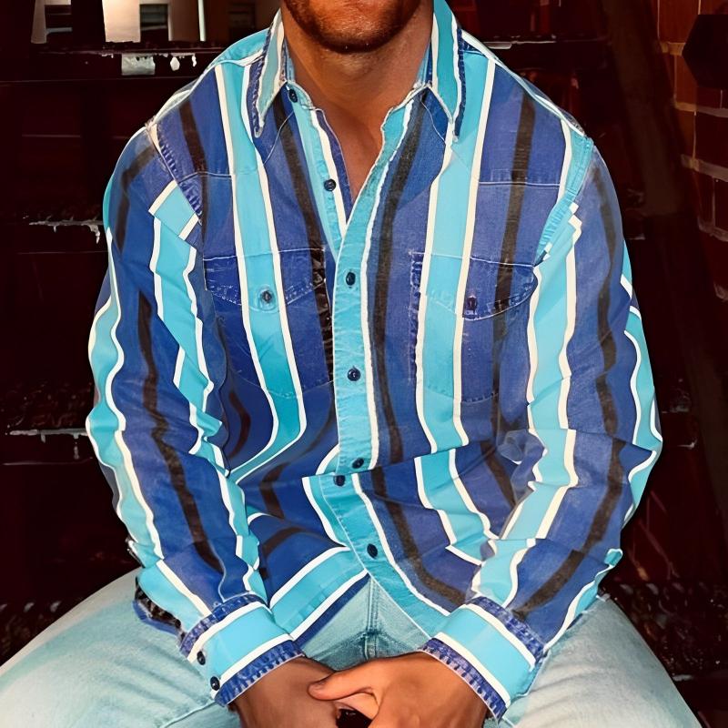 Chemise Homme Rayures Bloc - Manche Longue Décontractée - Bleu foncé