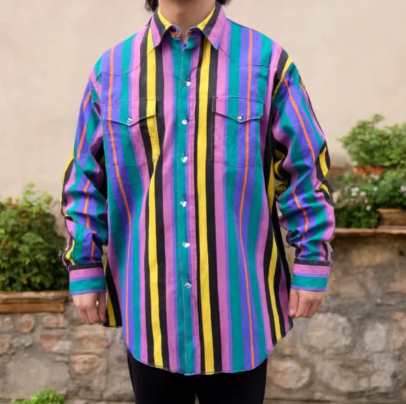 Chemise Homme Rayures Bloc - Manche Longue Décontractée - Rose