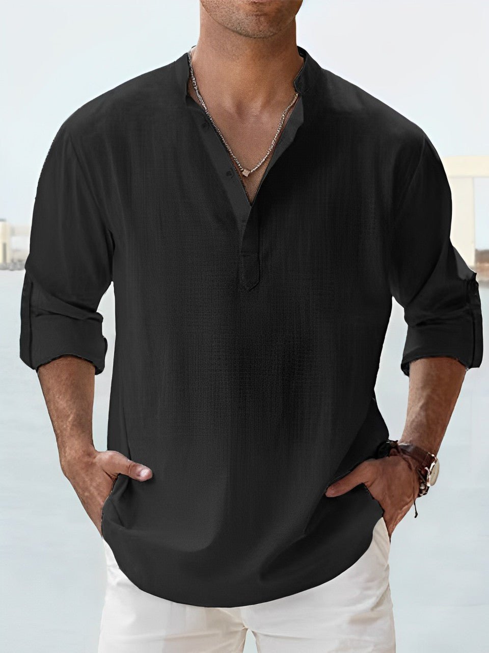 Chemise Noir Élégante en Lin pour Hommes - Noir
