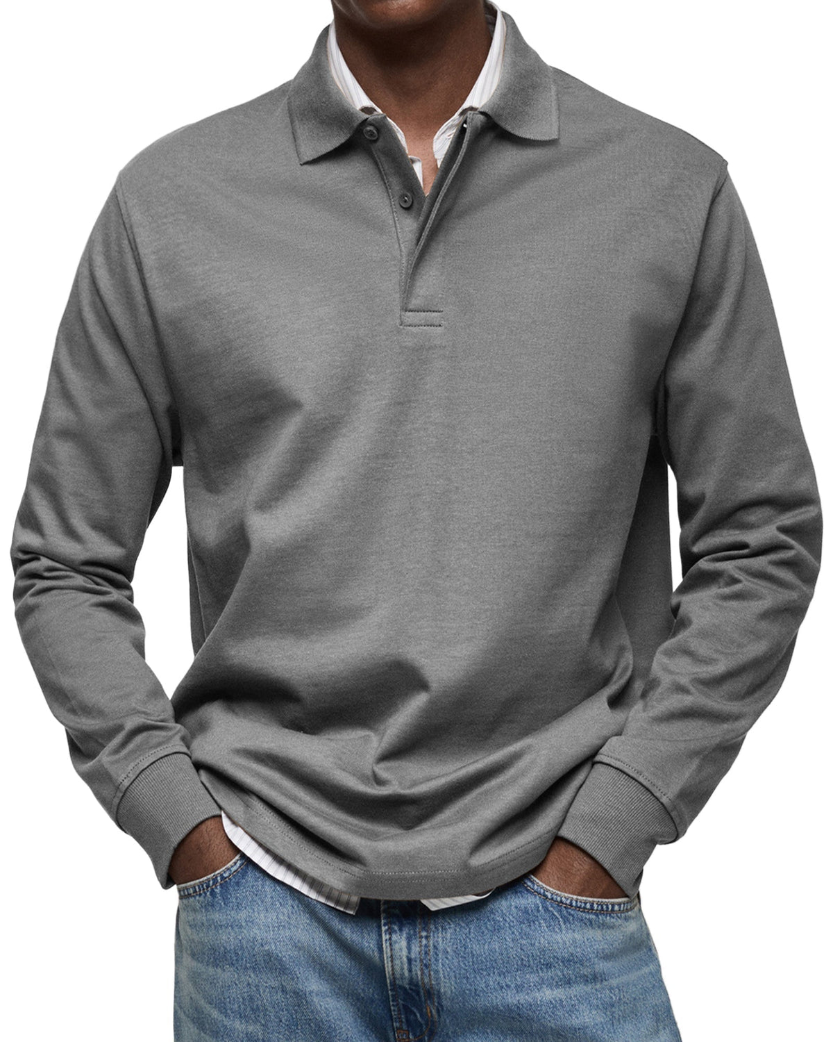 Chemise Polo à Manches Longues Décontractée pour Homme - Gris