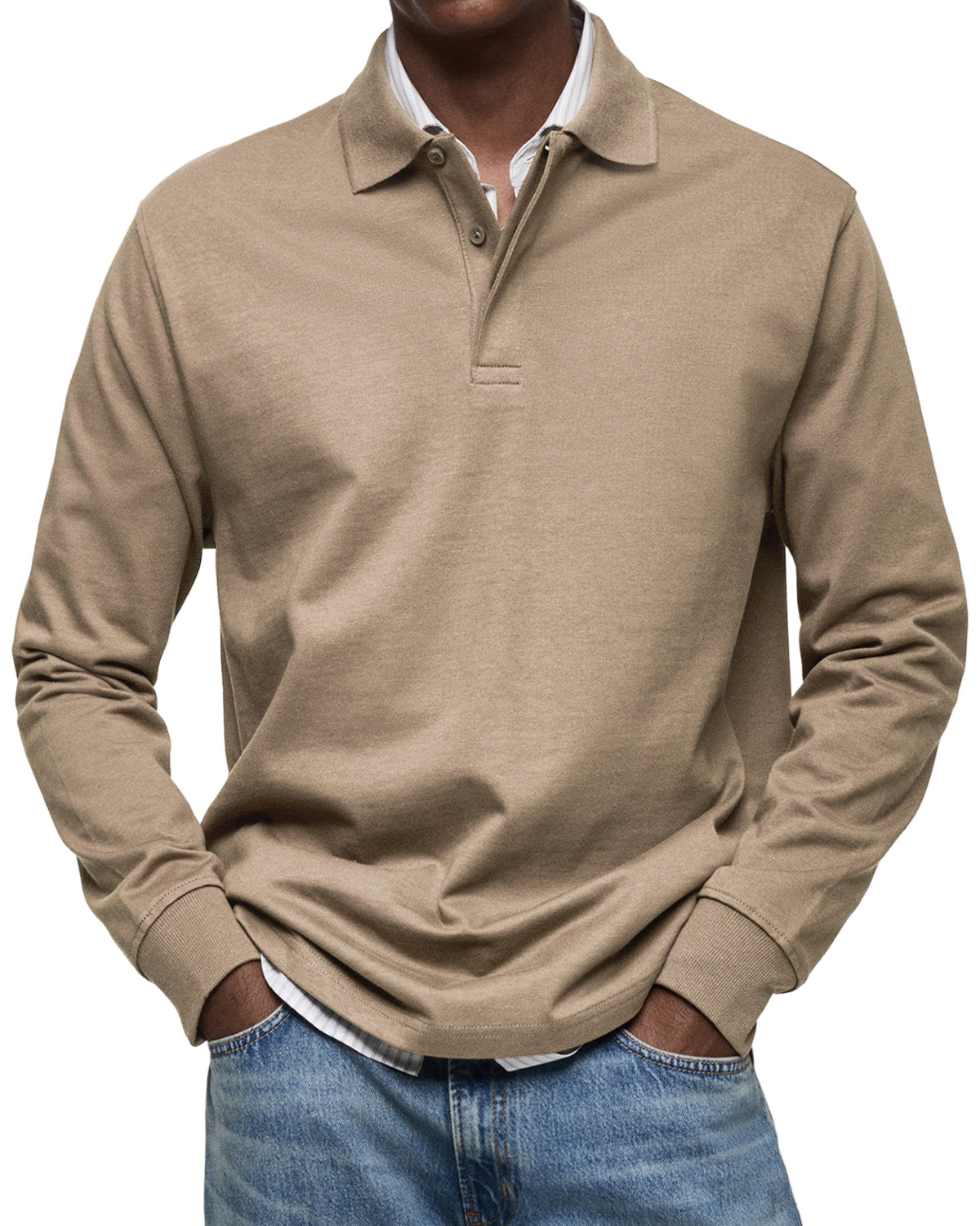 Chemise Polo à Manches Longues Décontractée pour Homme - Kaki