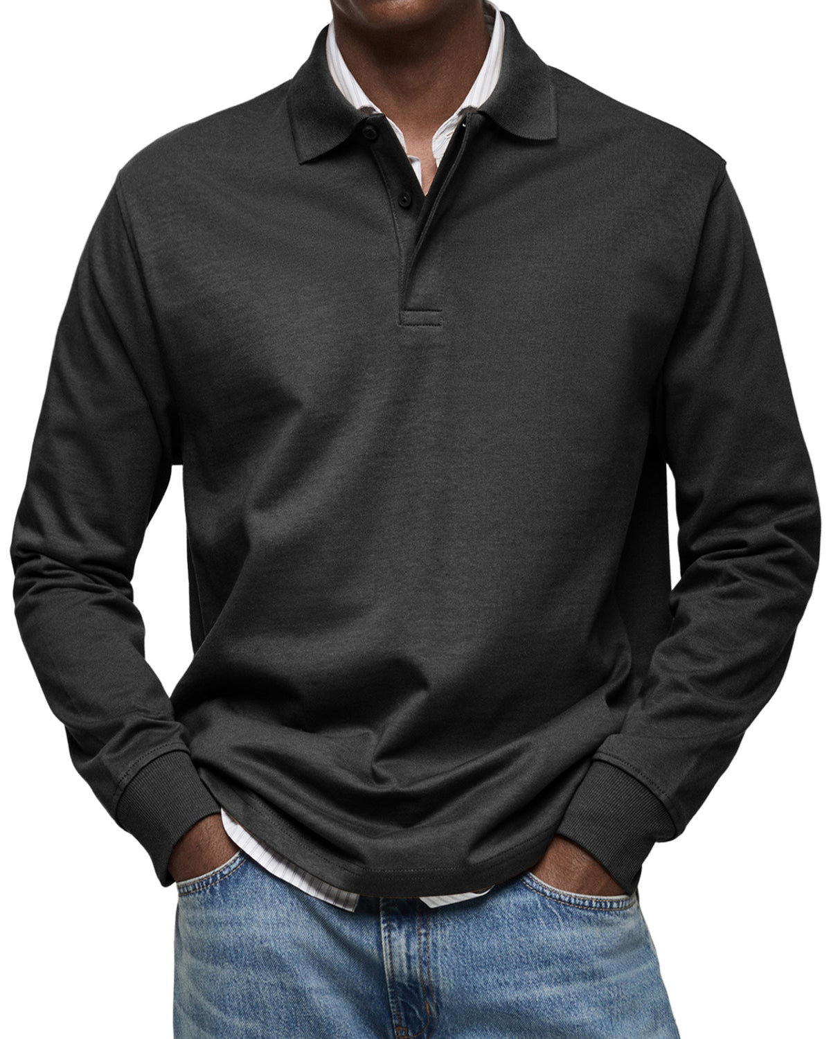 Chemise Polo à Manches Longues Décontractée pour Homme - Noir