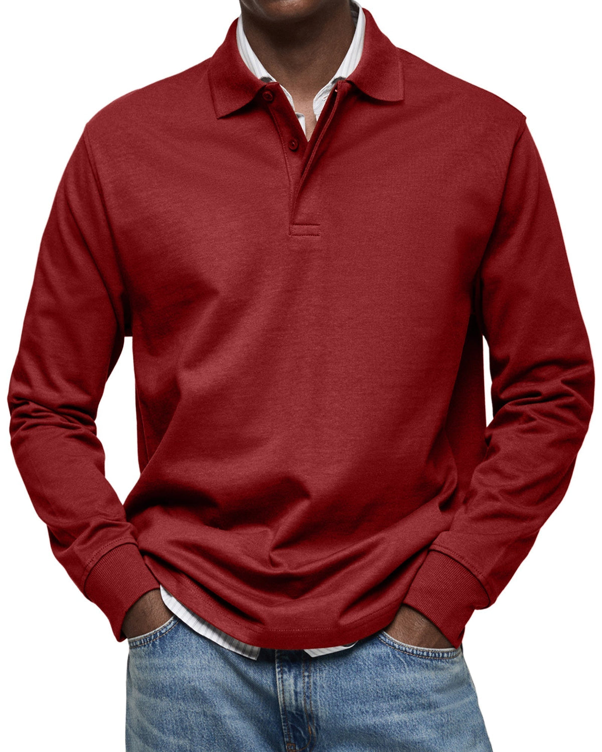 Chemise Polo à Manches Longues Décontractée pour Homme - Rouge
