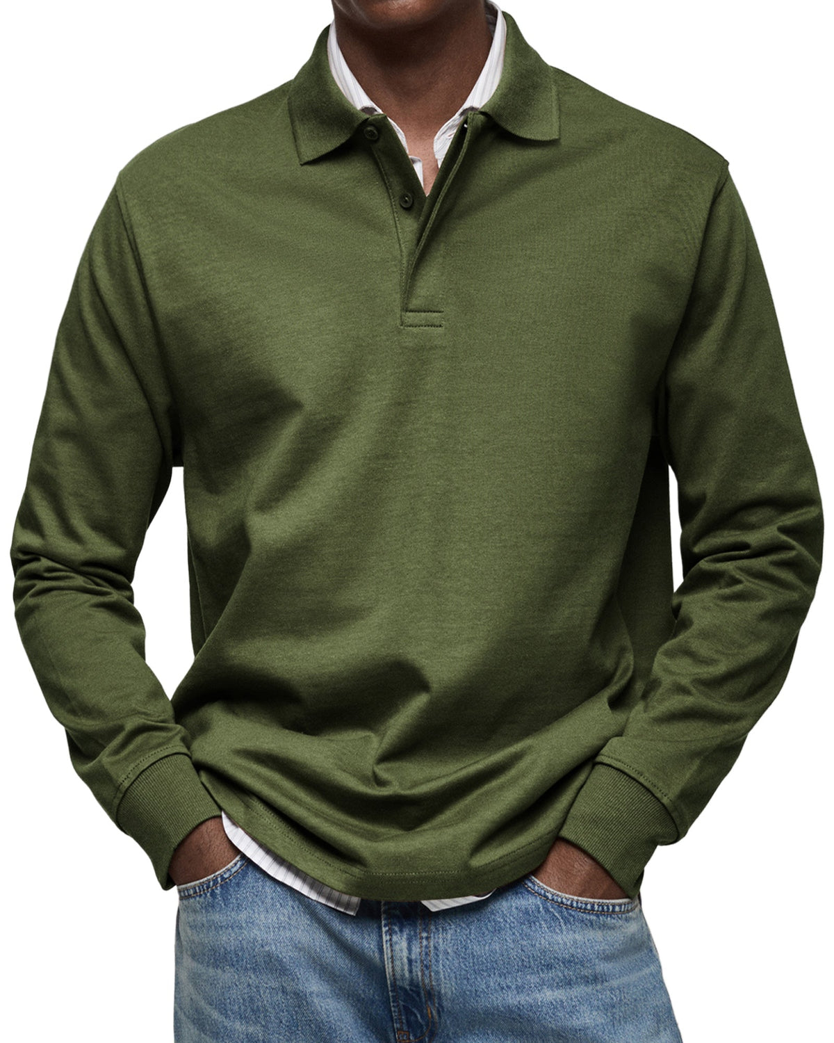 Chemise Polo à Manches Longues Décontractée pour Homme - Verde militare