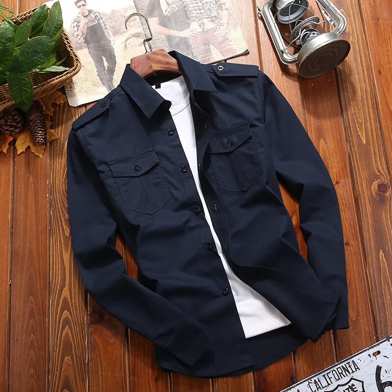 Chemise Ranger Homme À Manches Longues Boutonnée Avec Poches Poitrine – Style Classique Utilitaire - Bleu fonce