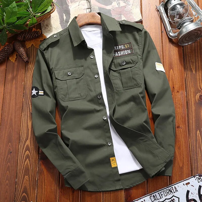 Chemise Ranger Homme À Manches Longues Boutonnée Avec Poches Poitrine – Style Classique Utilitaire - Design vert armée