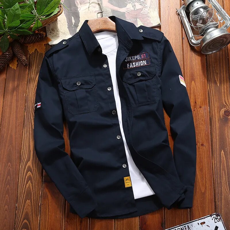 Chemise Ranger Homme À Manches Longues Boutonnée Avec Poches Poitrine – Style Classique Utilitaire - Motif bleu armée