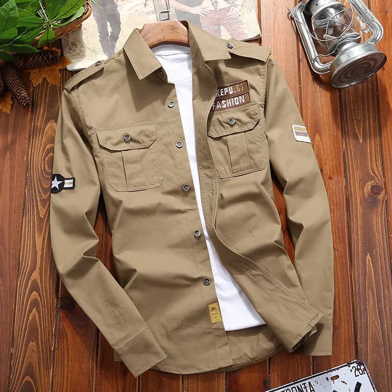 Chemise Ranger Homme À Manches Longues Boutonnée Avec Poches Poitrine – Style Classique Utilitaire - Motif kaki de l'armée