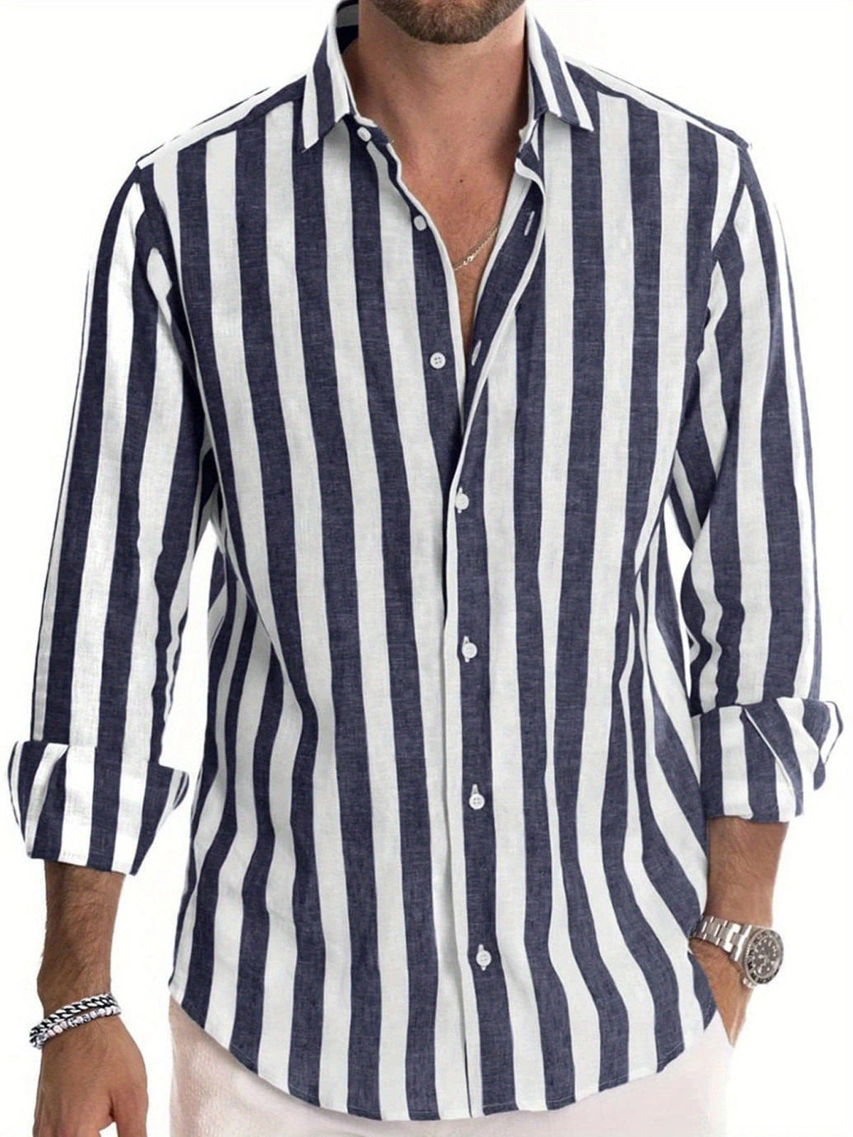 Chemise rayée élégante pour homme – Manche longue style décontracté et moderne - Bleu saphir