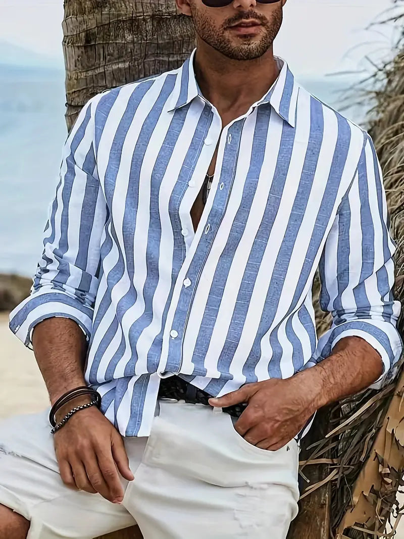Chemise rayee homme decontractee - Legere et polyvalente - Bleu