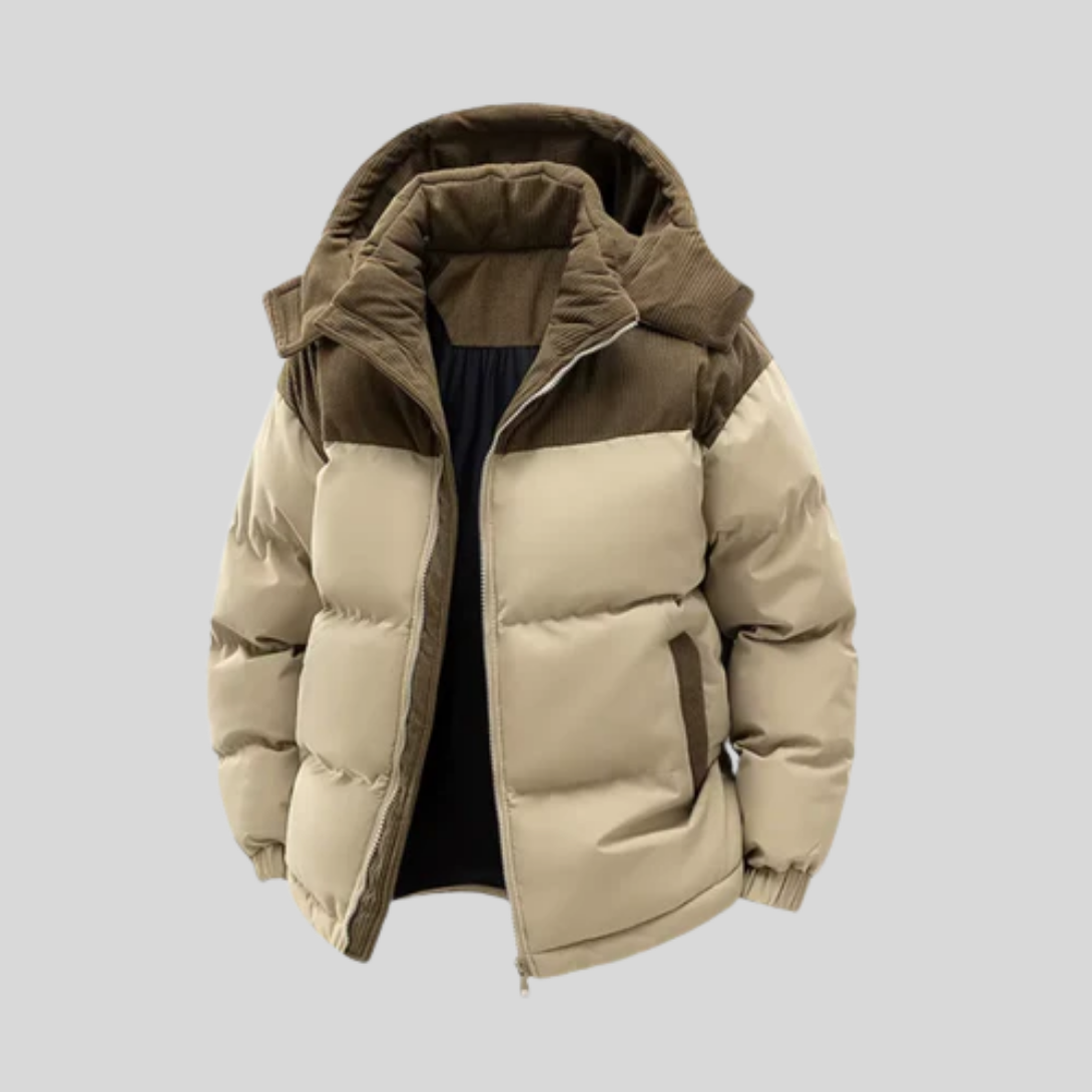 Doudoune Colorblock Homme – Manteau Hiver Capuche Isolé - Beige / Brun