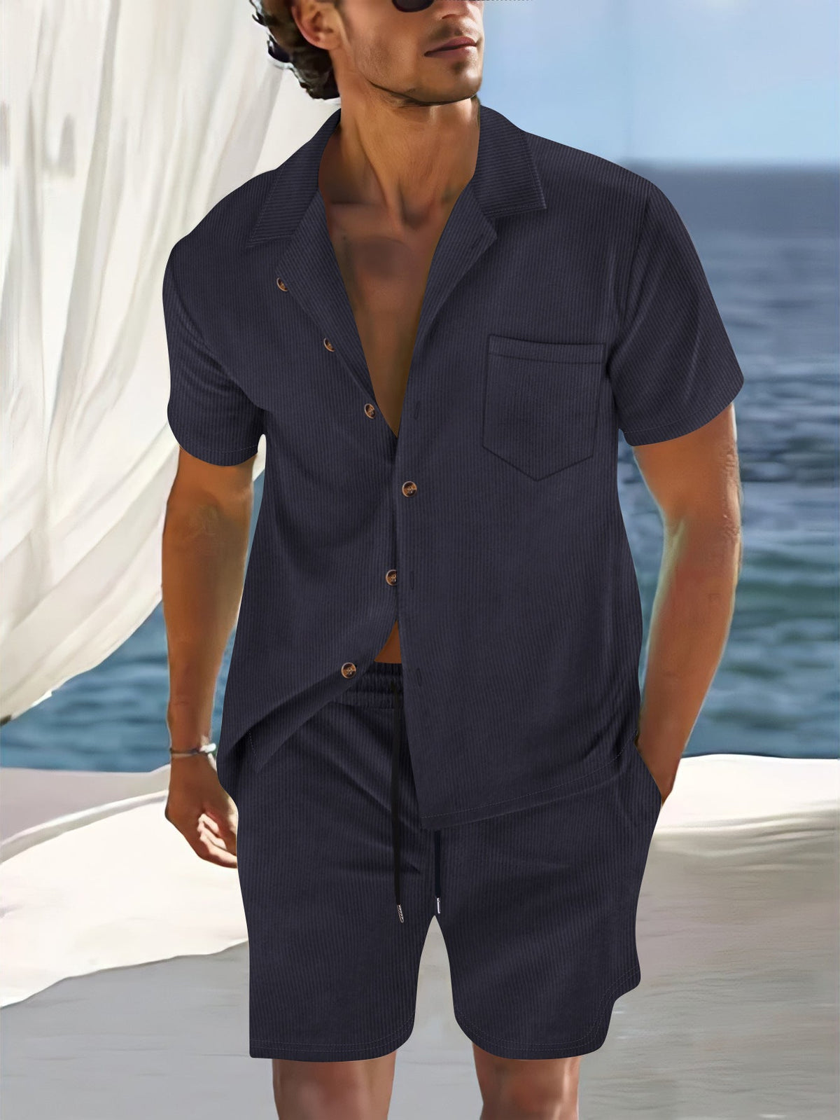 Ensemble aspect lin pour homme | Chemise manches courtes & short | Coordonné naturel prêt pour la plage - Bleu marine