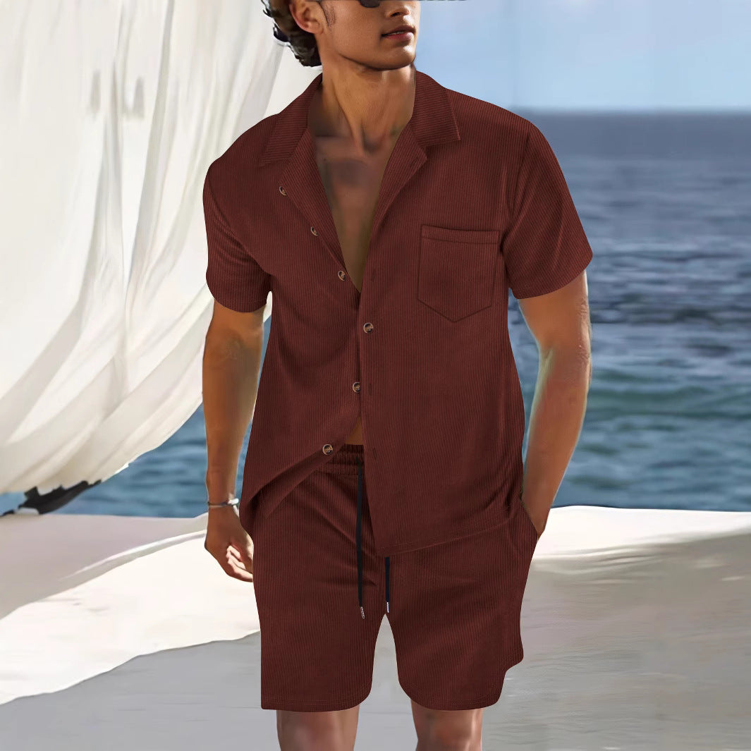Ensemble aspect lin pour homme | Chemise manches courtes & short | Coordonné naturel prêt pour la plage - Brun
